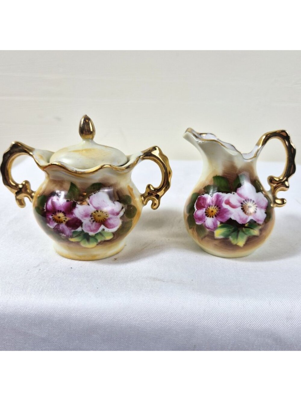 Vintage Enesco E2351 Creamer and Sugar Bowl Set Hand-Painted Floral Gold Japan